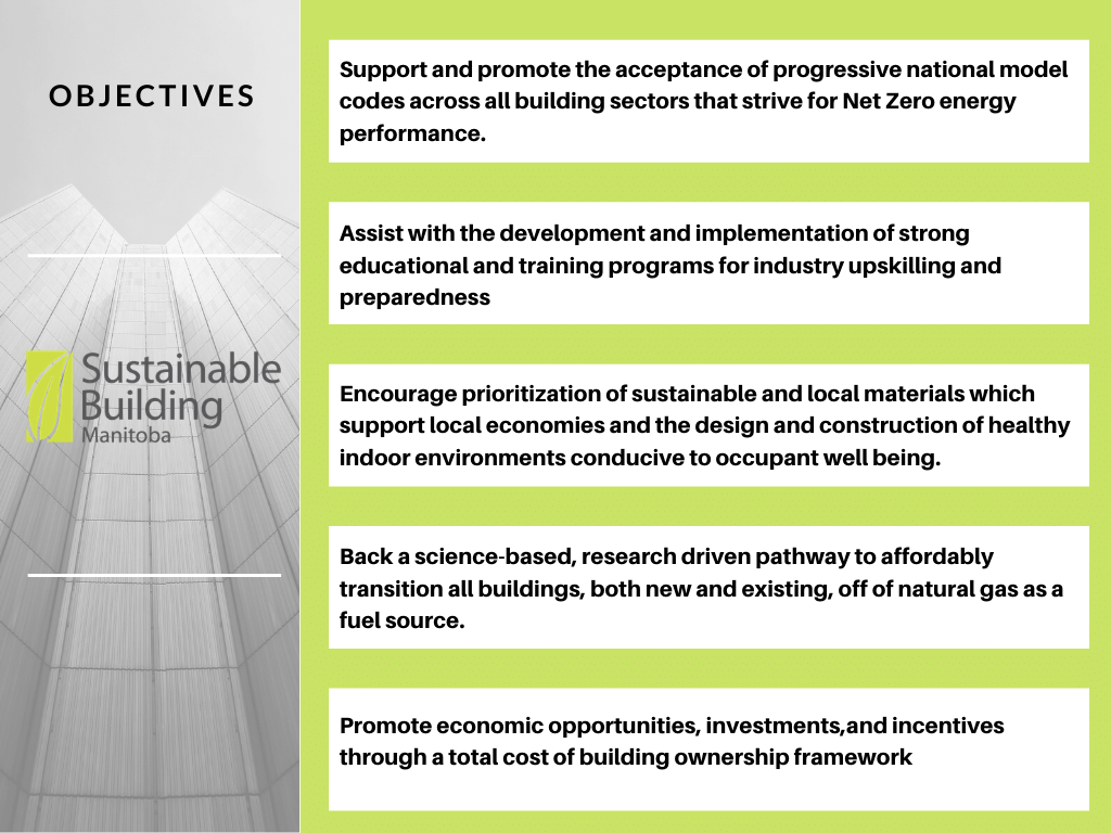 OBJECTIVES 1 Support and promote the acceptance of progressive national model codes across all building sectors that strive for Net Zero energy performance. 2 Assist with the development and implementation of strong educational and training programs for industry upskilling and preparedness 3 Encourage prioritization of sustainable and local materials which support local economies and the design and construction of healthy indoor environments conducive to occupant well being. 4 Back a science-based, research driven pathway to affordably transition all buildings, both new and existing, off of natural gas as a fuel source. 5 Promote economic opportunities, investments,and incentives through a total cost of building ownership framework