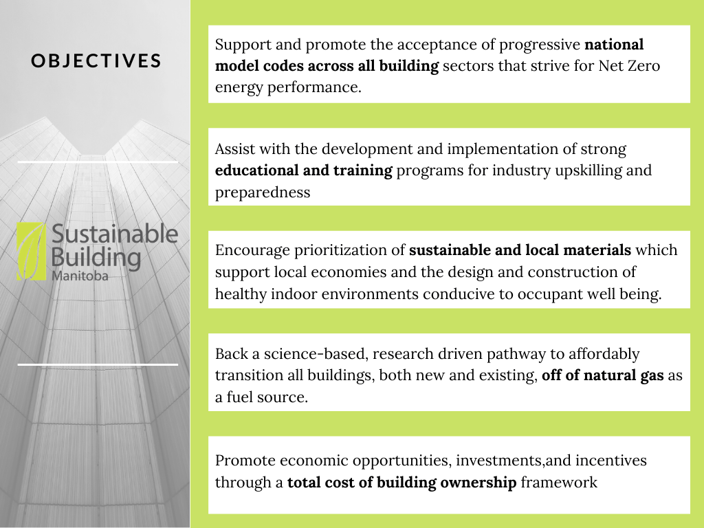 OBJECTIVES 1 Support and promote the acceptance of progressive national model codes across all building sectors that strive for Net Zero energy performance. 2 Assist with the development and implementation of strong educational and training programs for industry upskilling and preparedness 3 Encourage prioritization of sustainable and local materials which support local economies and the design and construction of healthy indoor environments conducive to occupant well being. 4 Back a science-based, research driven pathway to affordably transition all buildings, both new and existing, off of natural gas as a fuel source. 5 Promote economic opportunities, investments,and incentives through a total cost of building ownership framework