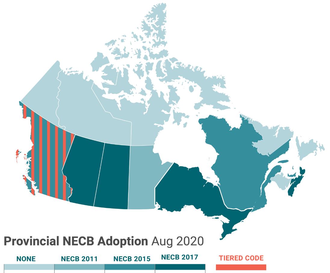 map of canada showing which provinces have adopted which codes.  Manitoba is the only province with its colour